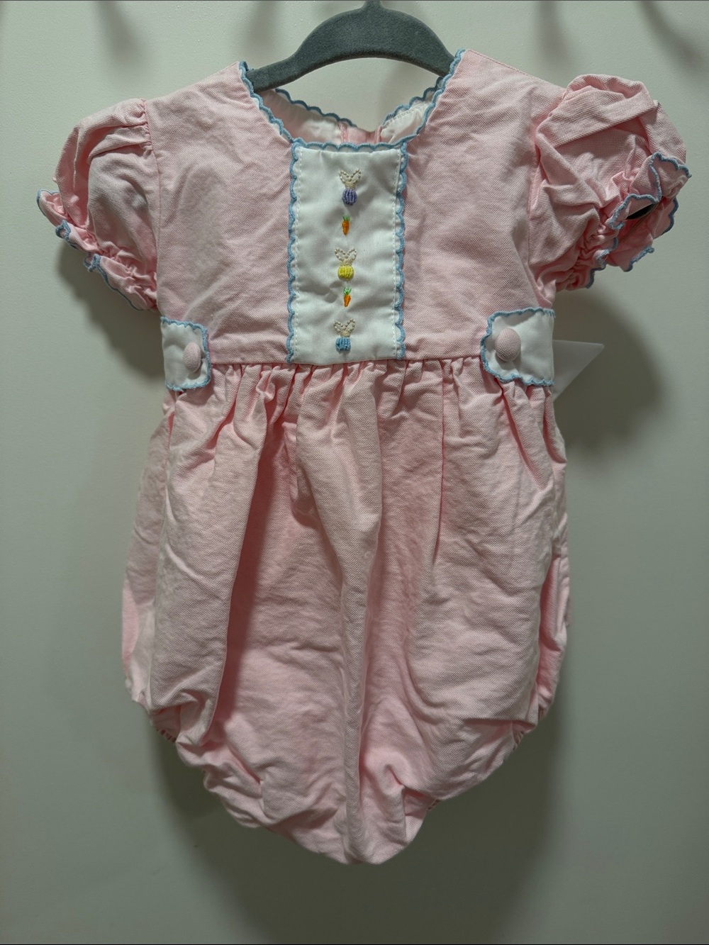 The Proper Peopny Pink Baby bubblewith Embroidered Front Easter bunnie 12m
